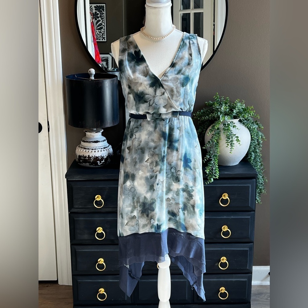 SIMPLY VERA by Vera Wang Blue Watercolor Handkerchief Hem Surplice Dress Size XS